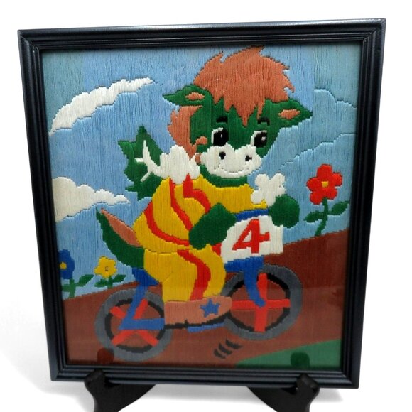 DRAGON on Bicycle NEEDLEPOINT Framed in Black Wood Frame 10.7 x 9.5" Vintage - Picture 2 of 10